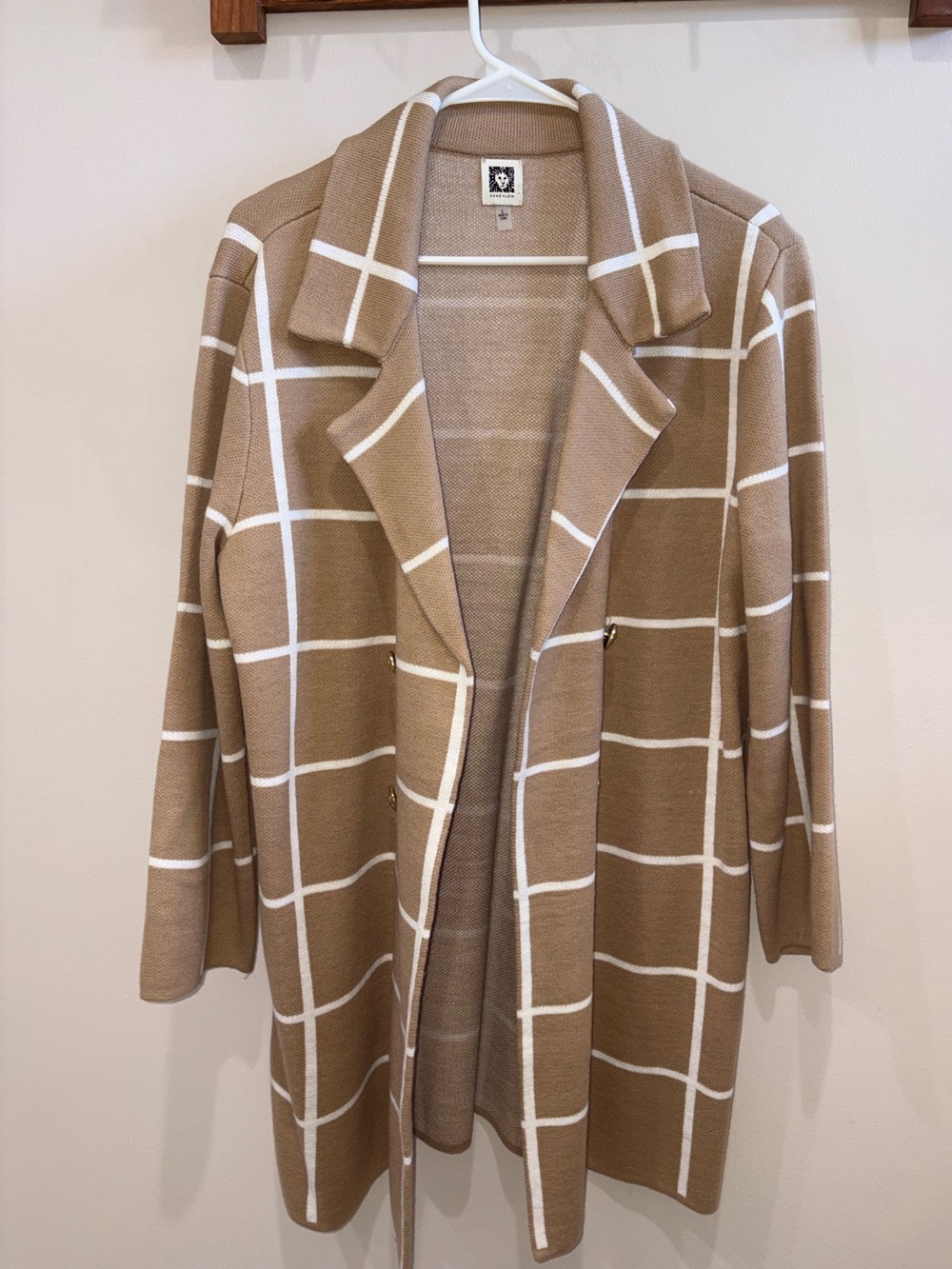 Anne Klein Beige Windowpane Open-Front Cardigan